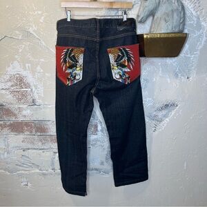 Ed Hardy 36x28 dark wash wide leg jeans Eagle snake back pocket embroidery Y2K